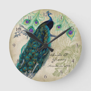 Ancient Peacock & Etchings Personalised Wedding Round Clock