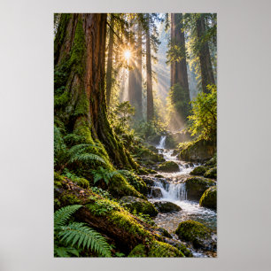 Ancient Redwood Forest Waterfall Sunlight Wall Art