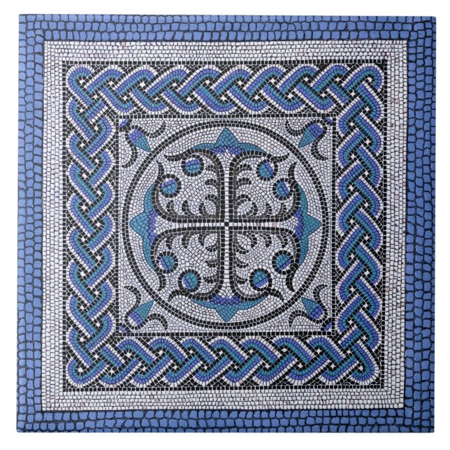 Ancient Roman Mosaic Illustration Danube Blue Tile (Front)