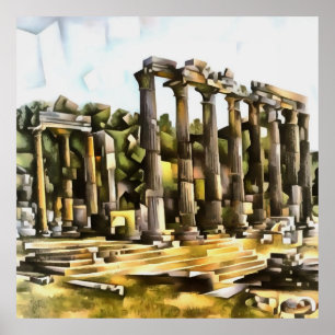 Ancient Roman Temple Ruins Geometric Style Art Poster