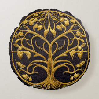 Ancient Rustic Blue Gold Tree of LIfe by kedoki Th Round Cushion
