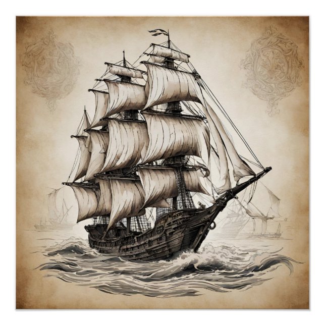 Ancient Sailing Ship in the Ocean  Poster (Front)