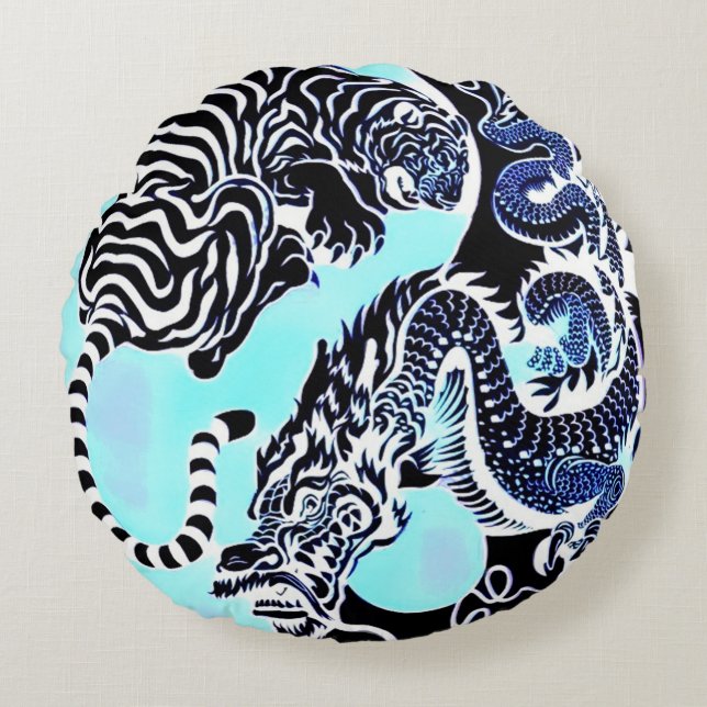 Ancient Samurai Dragon Tiger Yin Yang Round Cushion (Front)