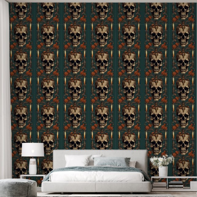 Ancient Skull, Red Roses And Vintage Candlesticks  Wallpaper (Bedroom)