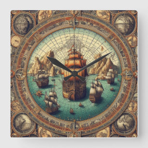 Ancient Spanish Sailing Ship, Map 3 Square Wall Clock