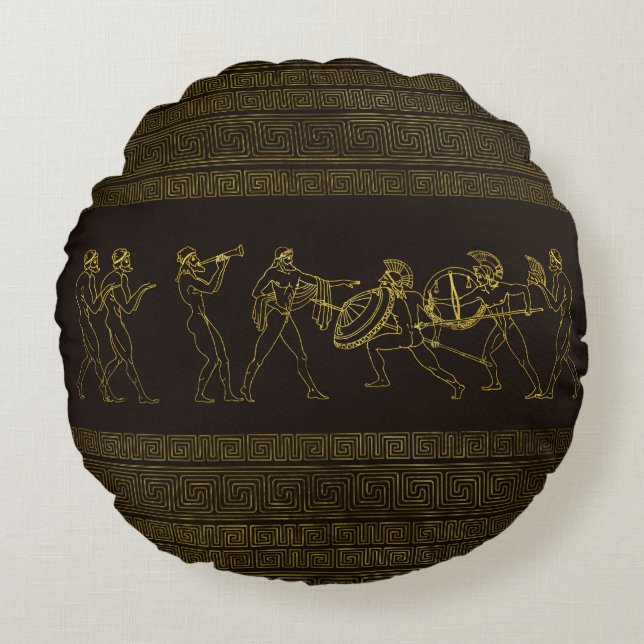 Ancient Sparta  Greece scene on greek pattern Round Cushion (Front)