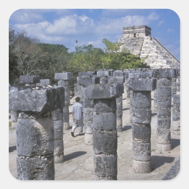 Ancient Stone pillars in Chichen Itza. Central Square Sticker (Front)
