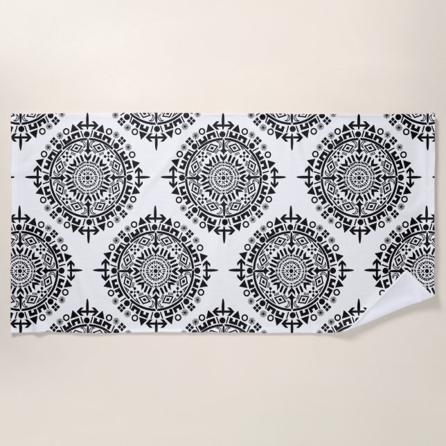 Ancient sun with symbols black white beach towel (Front)