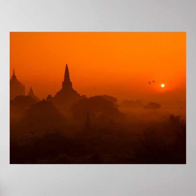 Ancient Temples Sunset Hot Air Balloon Poster (Front)