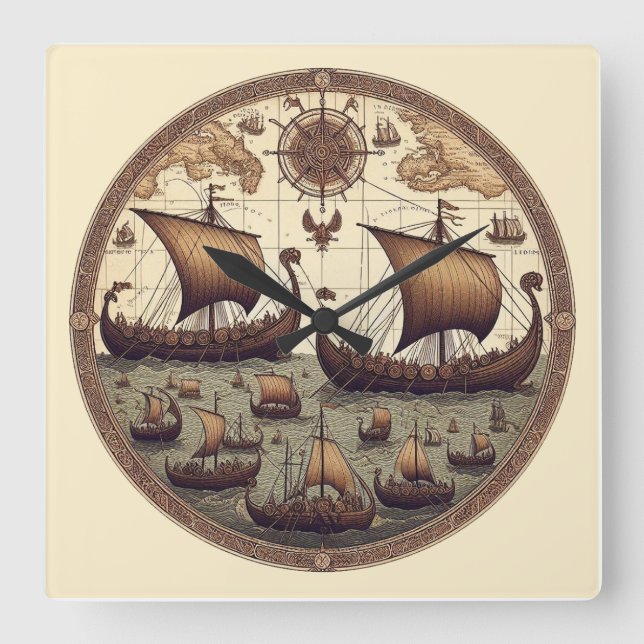 Ancient Viking Sailing Ships 3 Square Wall Clock (Front)
