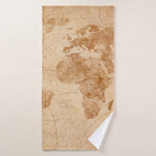 Ancient vintage world map illustrationmap, world,  bath towel