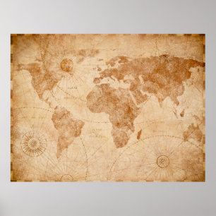 Ancient vintage world map illustrationmap, world,  poster