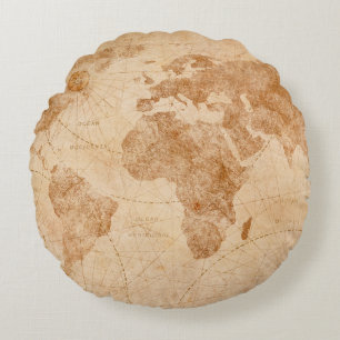 Ancient vintage world map illustrationmap, world, round cushion
