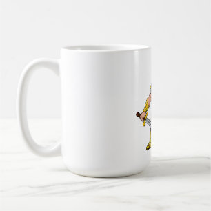 Ancient warrior with sword and shield in helmet an coffee mug