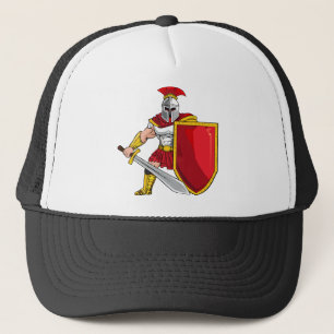 Ancient warrior with sword and shield in helmet an trucker hat
