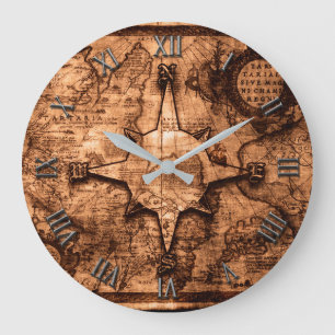 Ancient World Traveller - Map & Compass Rose Large Clock