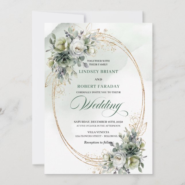 ancy greenery and gold wedding invitation (Front)