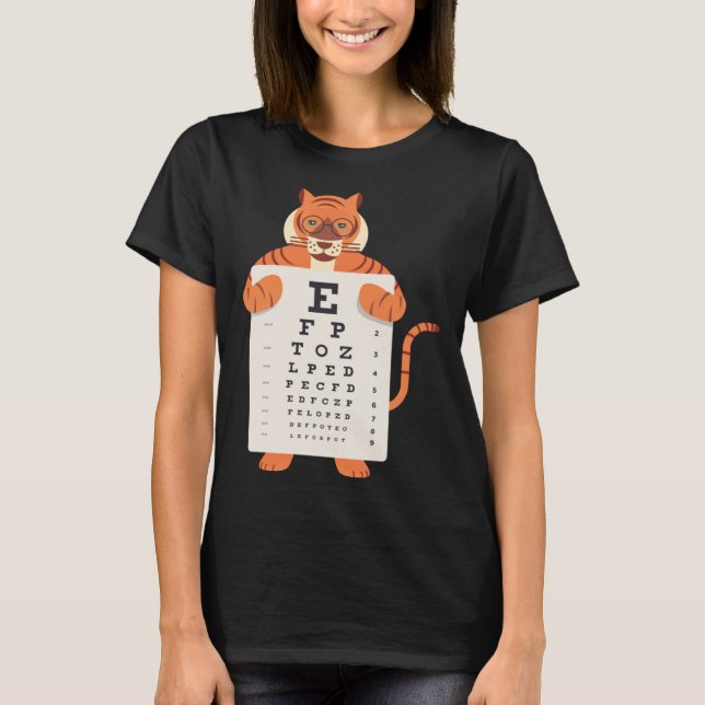 and Cute Tiger with Glasses holding an Eye Chart   T-Shirt (Front)
