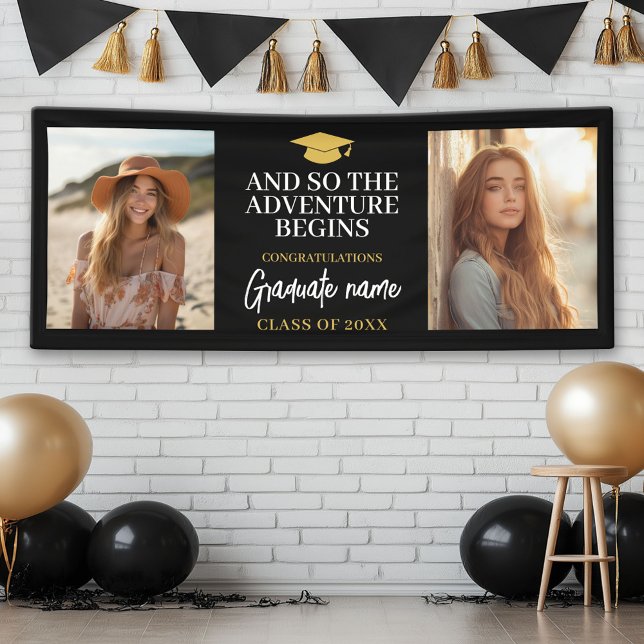 And So Adventure Awaits Modern Graduation 2 Photo Banner (Custom Graduation Banner)