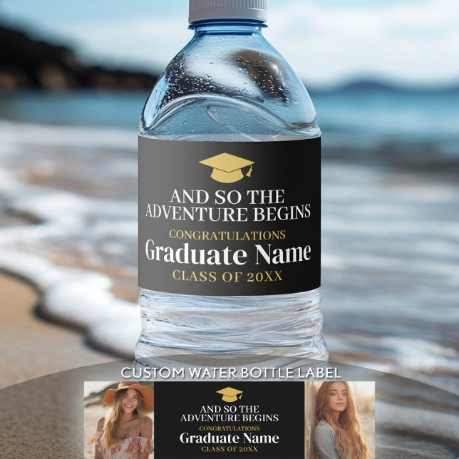 And So Adventure Awaits Modern Graduation 2 Photo Water Bottle Label (Custom Graduation Water Bottle Label)