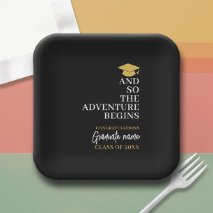And So The Adventure Begins Black Gold Graduation Paper Plate