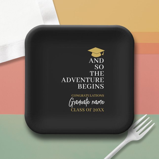 And So The Adventure Begins Black Gold Graduation Paper Plate (Custom Graduation Paper Plate)