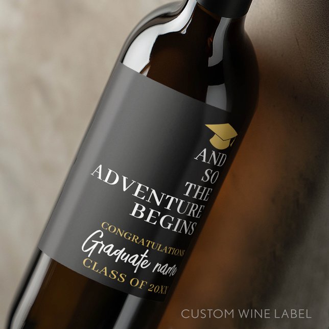 And So The Adventure Begins Black Gold Graduation Wine Label (Custom Graduation Wine Label - Celebrate the Graduate!)