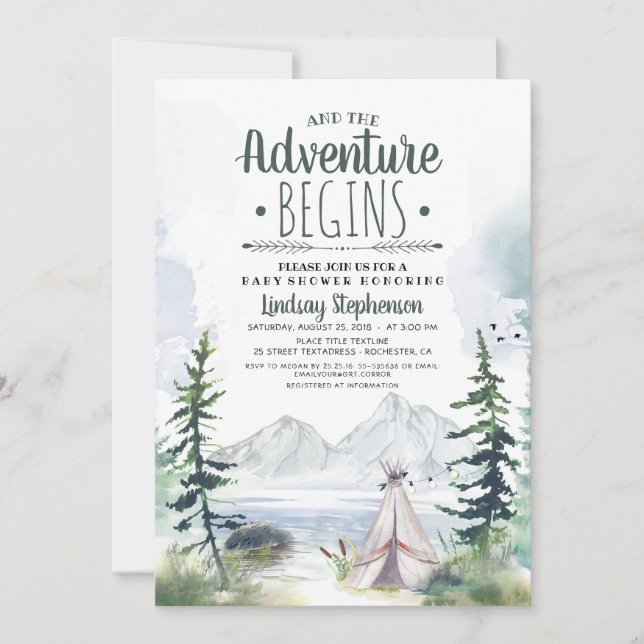 And The Adventure Begins Mountains Baby Shower Invitation (Front)