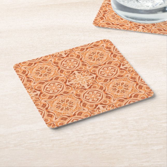 Andalusian Star Pattern in Peach and Terracotta Square Paper Coaster (Angled)