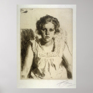 anders zorn, portrait of a girl, etching poster