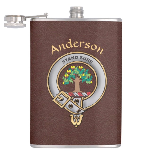 Anderson Clan Badge w/Brown Faux Leather Hip Flask (Opened)