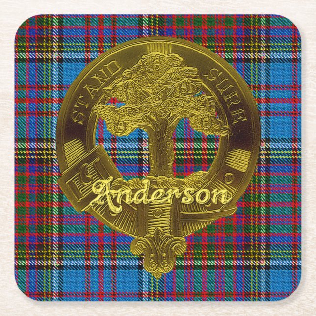 Anderson Clan Tartan & Emblem Square Paper Coaster (Front)