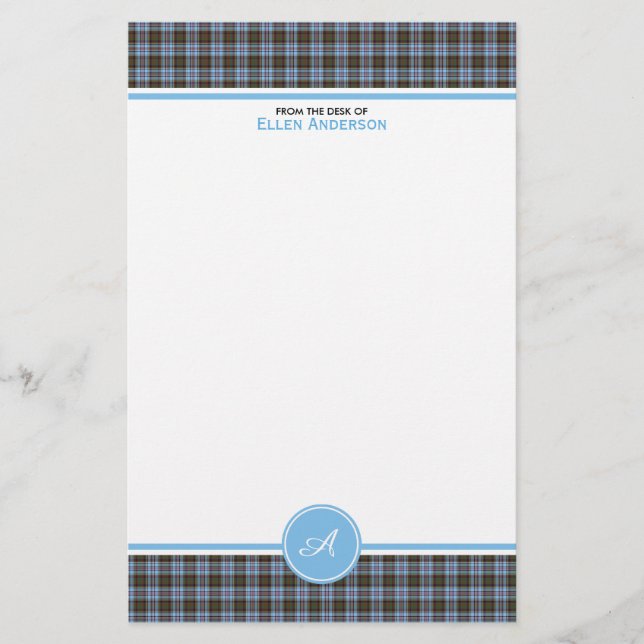 Anderson Family Tartan Light Blue Plaid Monogram Stationery (Front)