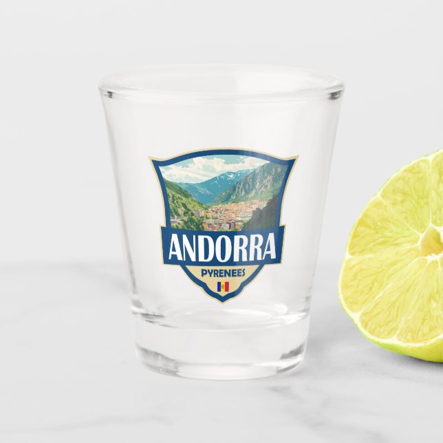 Andorra Illustration Retro Badge Shot Glass (Front)