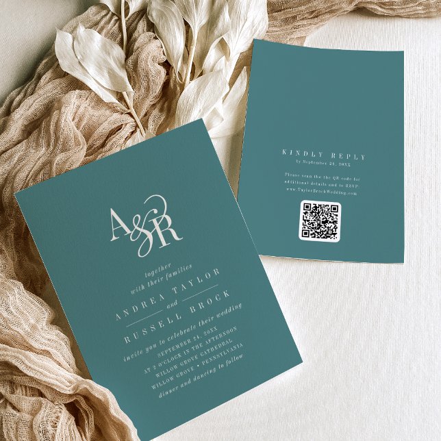 ANDREA Dark Teal QR Code Classic Elegant Wedding Invitation (ANDREA Dark Teal QR Code Classic Elegant Wedding Invitation)