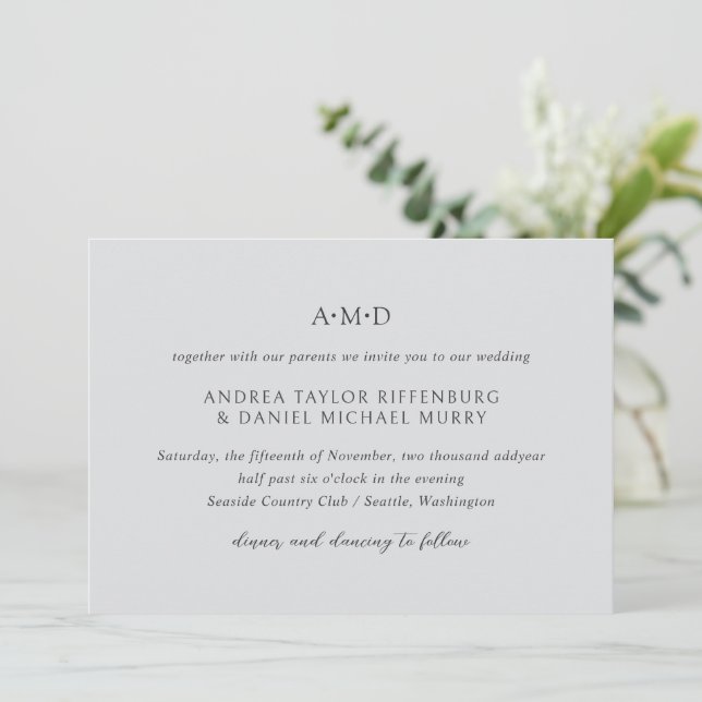 Andrea Grey Elegant Wedding Invitation (Standing Front)
