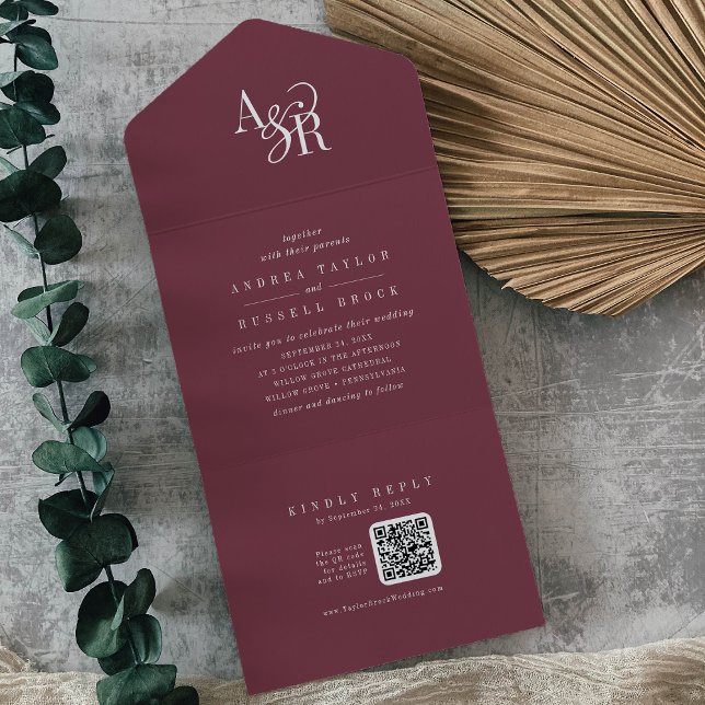 ANDREA QR Code Burgundy Simple Minimal Wedding All In One Invitation (ANDREA QR Code Burgundy Simple Minimal Wedding All In One Invitation)