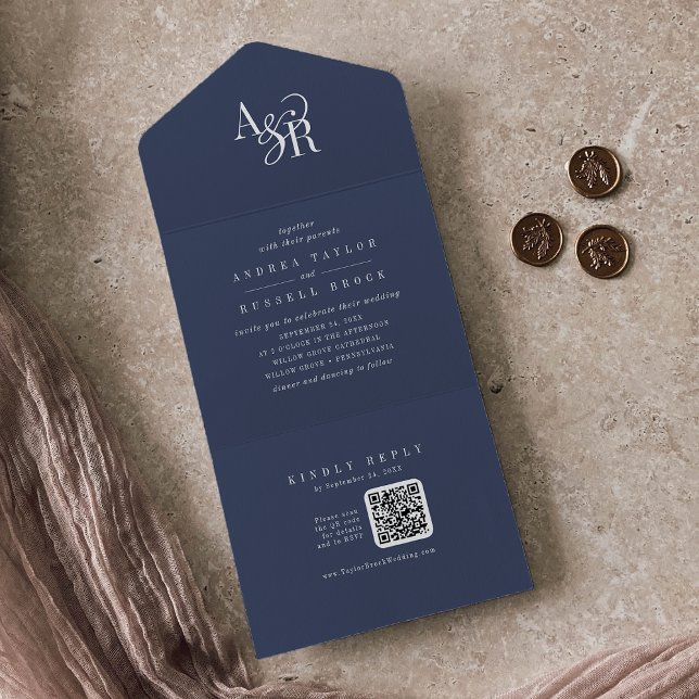ANDREA QR Code Navy Blue Simple Minimal Wedding All In One Invitation (ANDREA QR Code Navy Blue Simple Minimal Wedding All In One Invitation)
