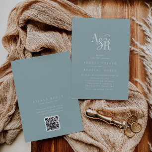 ANDREA Teal Blue QR Code Classic Elegant Wedding Invitation