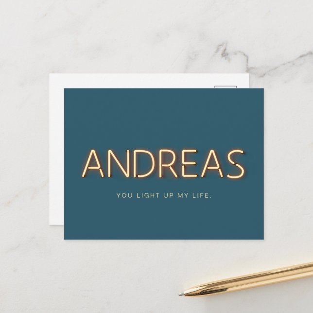 Andreas Name in Glowing Neon Lights Novelty Postcard (Front/Back In Situ)