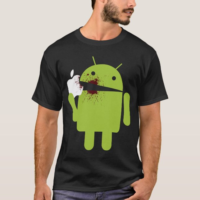 ANDROID EAT APPLE FUNNY ROBOT PHONE MOBILE SAMSUNG T-Shirt (Front)