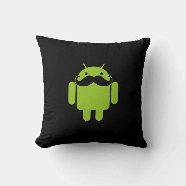 Android Robot Icon Moustache on Black Cushion (Front)