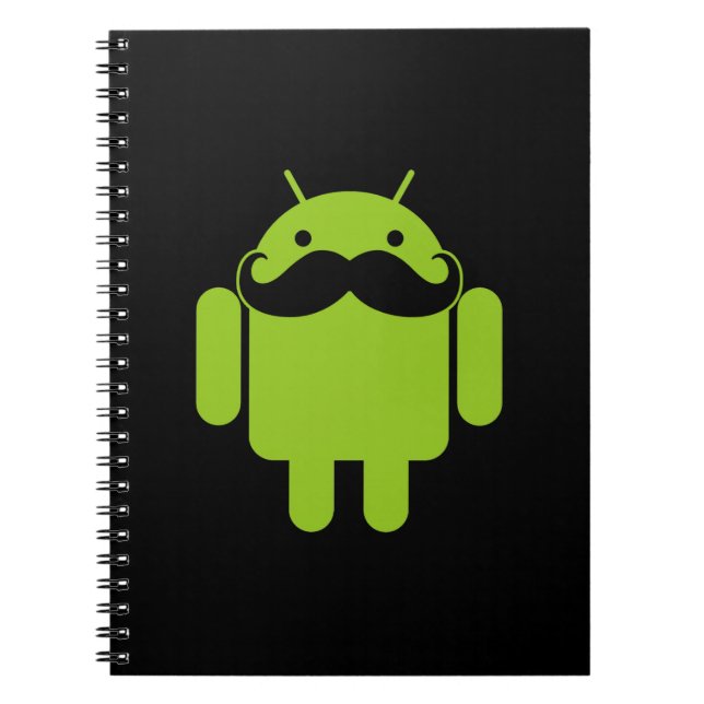 Android Robot Icon Moustache on Black Spiral Notebook (Front)