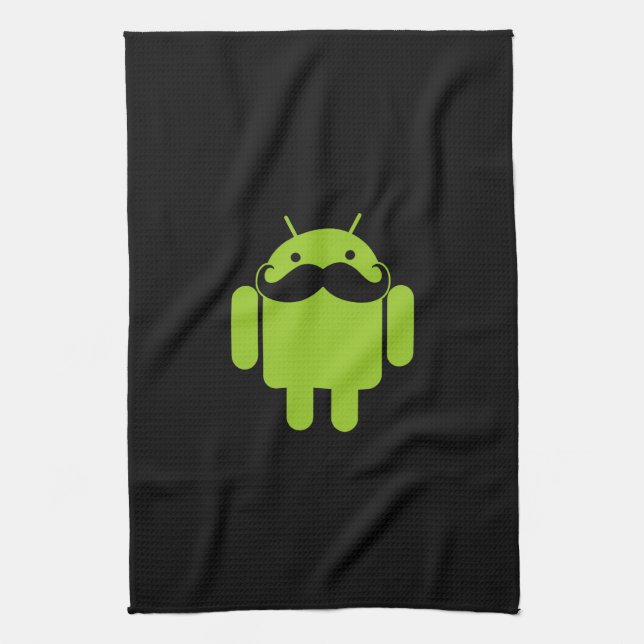 Android Robot Icon Mustache on Black Tea Towel (Vertical)