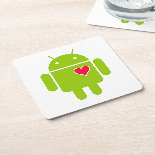Android Robot Icon with a Heart Square Paper Coaster (Angled)