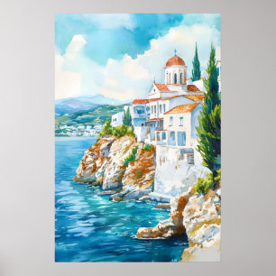 Andros Watercolor Vintage Travel Poster Ski