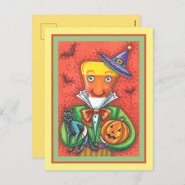 ANDY THE CANDY CORN MAN, BLACK CAT & JACK Colourfu Holiday Postcard (Front/Back)
