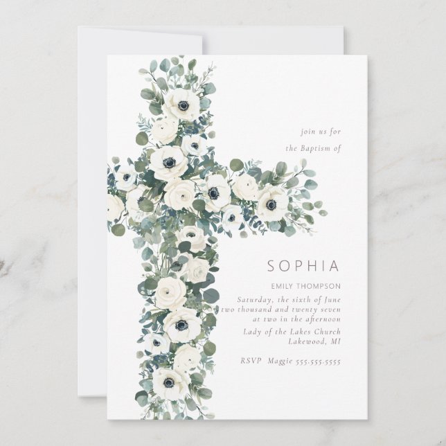 Anemone and Eucalyptus cross Baptism Christening Invitation (Front)