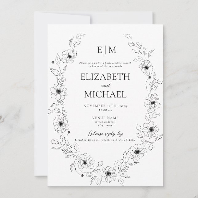 Anemone Black & White Floral Monogram Post Wedding Invitation (Front)