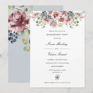 Anemone Blue Grey Botanical Engagement Party Invitation